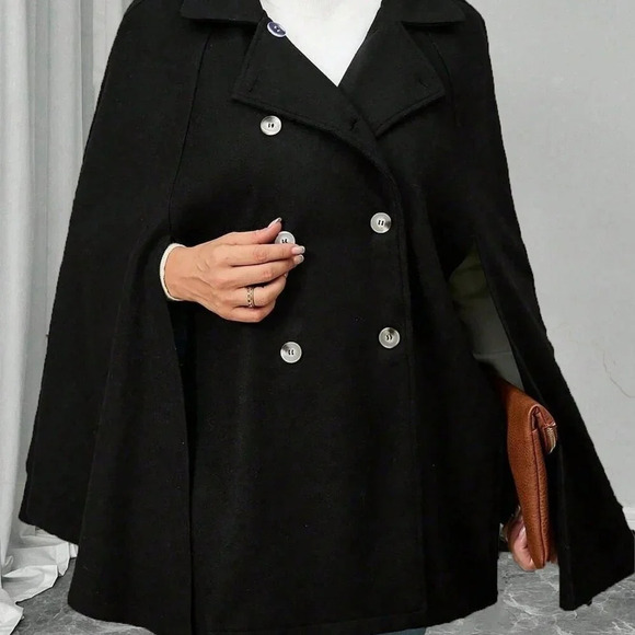 Black Elegant Women's Plus Size Button Poncho Sleeve cape coat - Picture 3 of 6